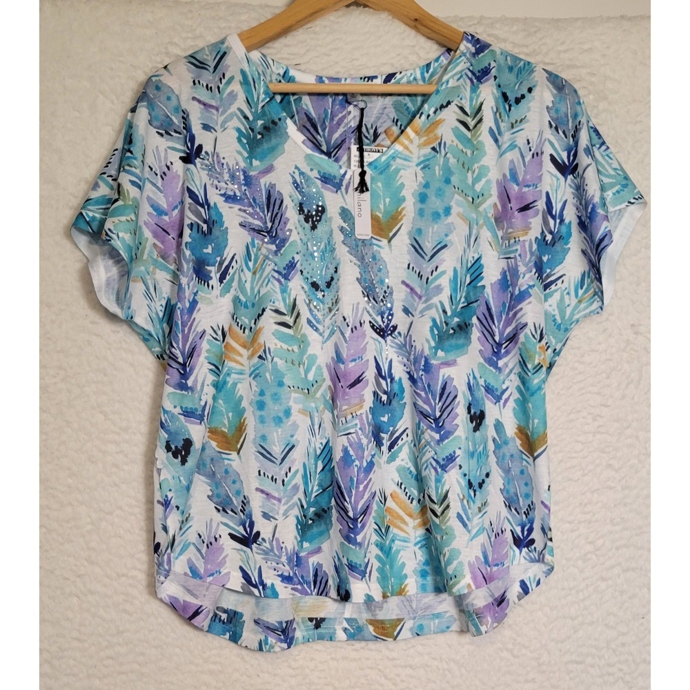 Milano Womens Studded Top T-Shirt Size L Short Sleeve NEW NWT Blue Purple 1687
